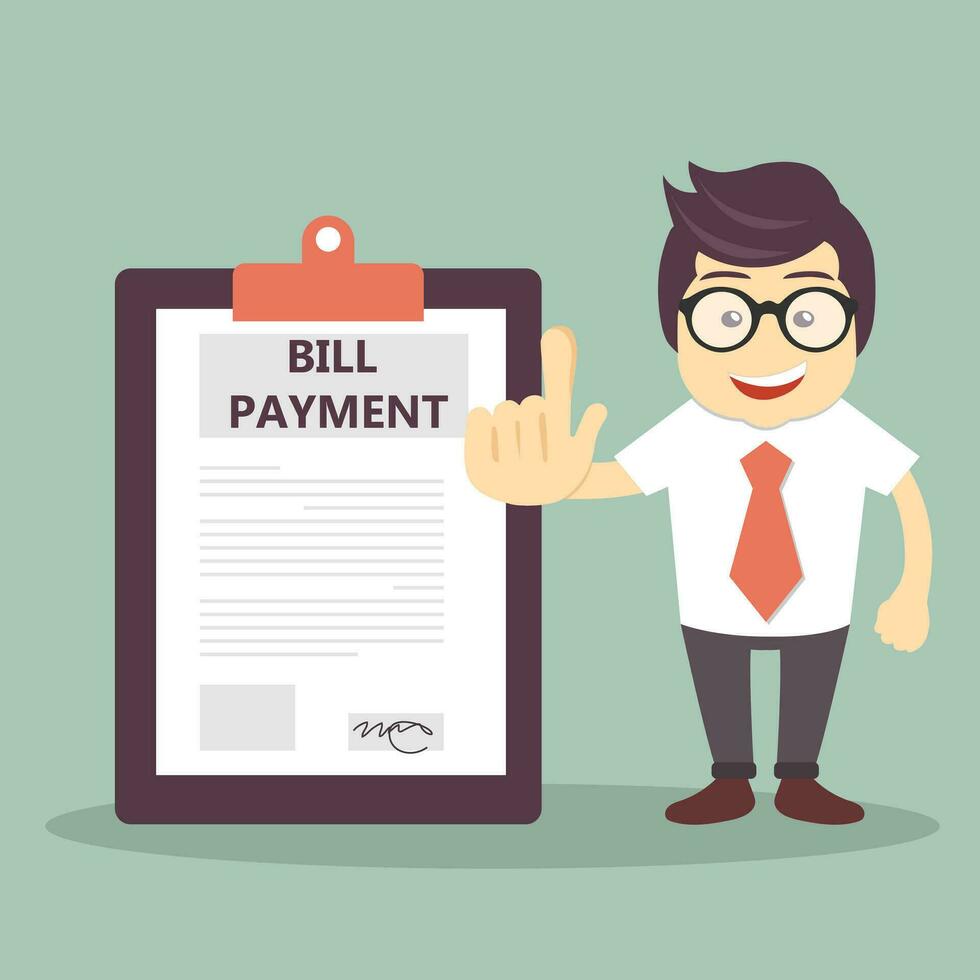 Businessman stand beside huge bill payment document. Paying bills concept. Flat vector illustration