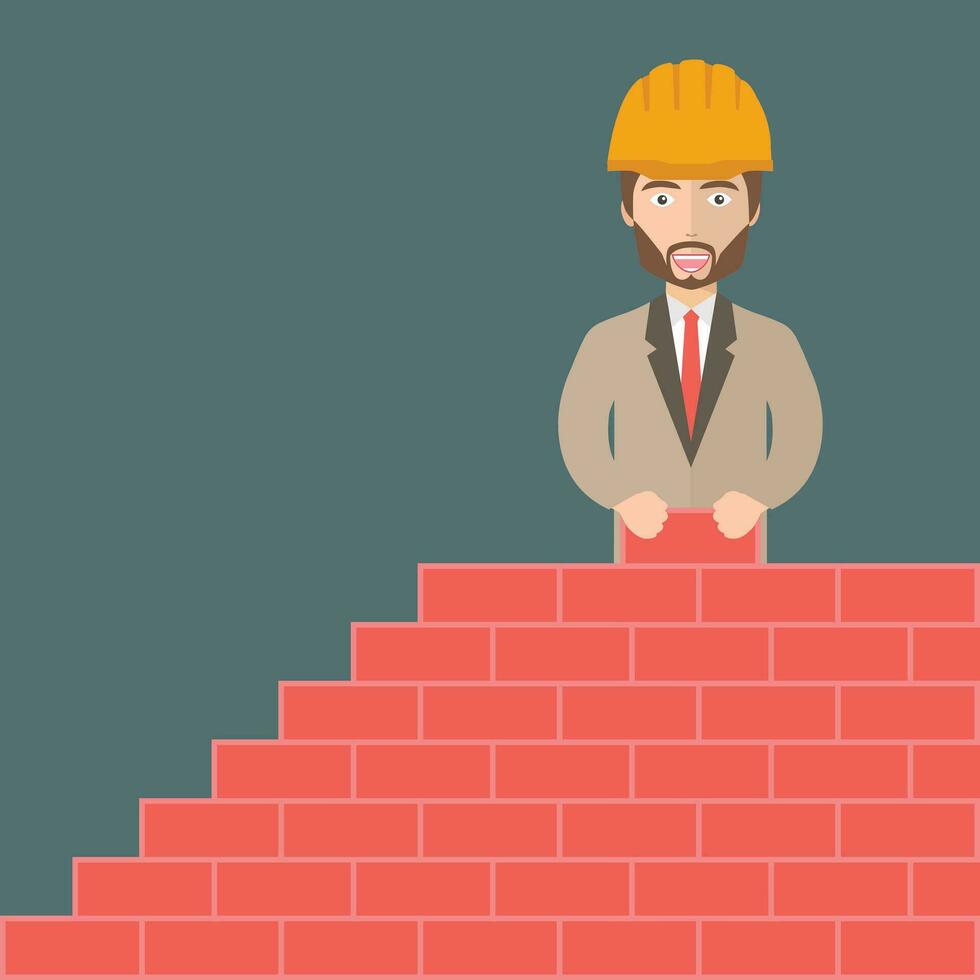 construcción trabajador es haciendo ladrillo pared a el construcción sitio. plano vector ilustración