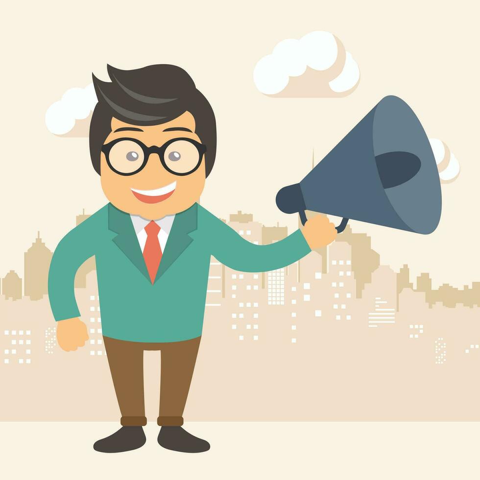 Digital marketing concept. Businessman standing in the street with megaphone in his hand. Flat vector illustration.