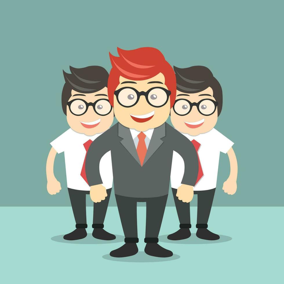 Business team concept. Boss standing with his employees behind him. Flat vector illustration