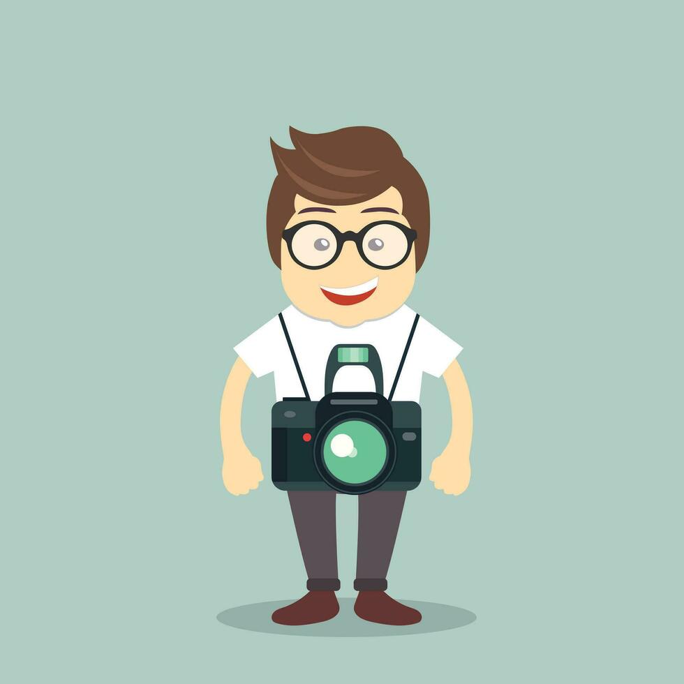 Photographer icon. Man standing with camera. Flat vector illustration