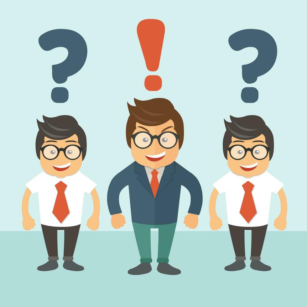 Leadership concept. People standing near business leader with question marks above their heads. Business leader standing with red exclamation mark above his head. Flat vector illustration