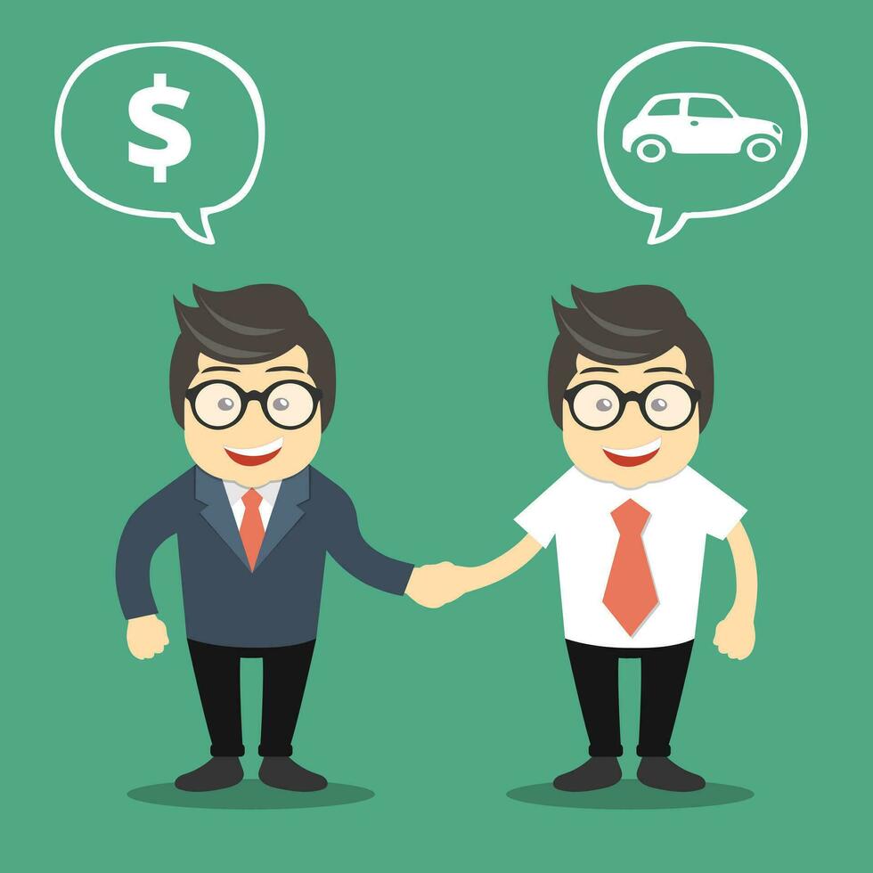 Buying a car concept. Auto dealer with new owner shaking hands. Flat vector illustration