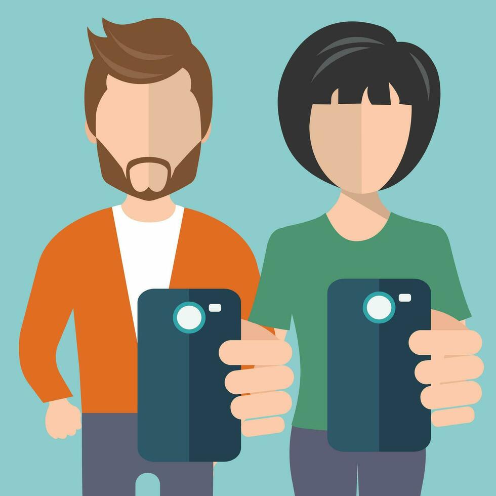 Young couple taking self photo. Flat vector illustration