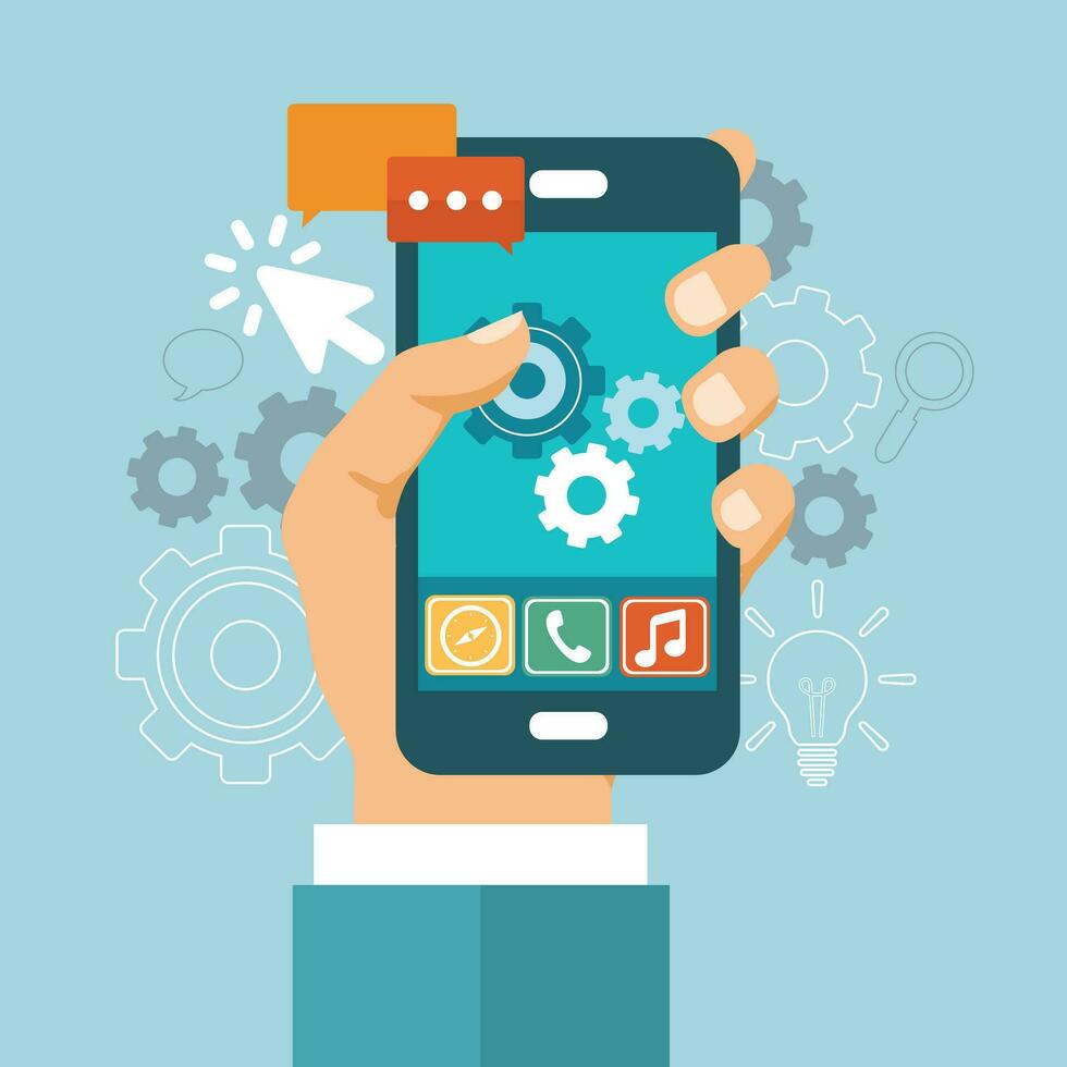 Application development icon. Concept to building successful business. Mobile phone and gears on the screen. Flat vector illustration