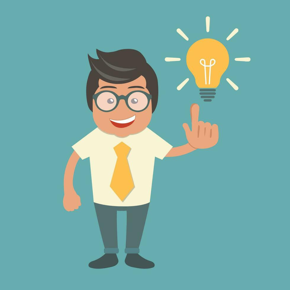 Businessman with an idea concept. Man standing next to light bulb as symbol of great business idea. Flat vector illustration