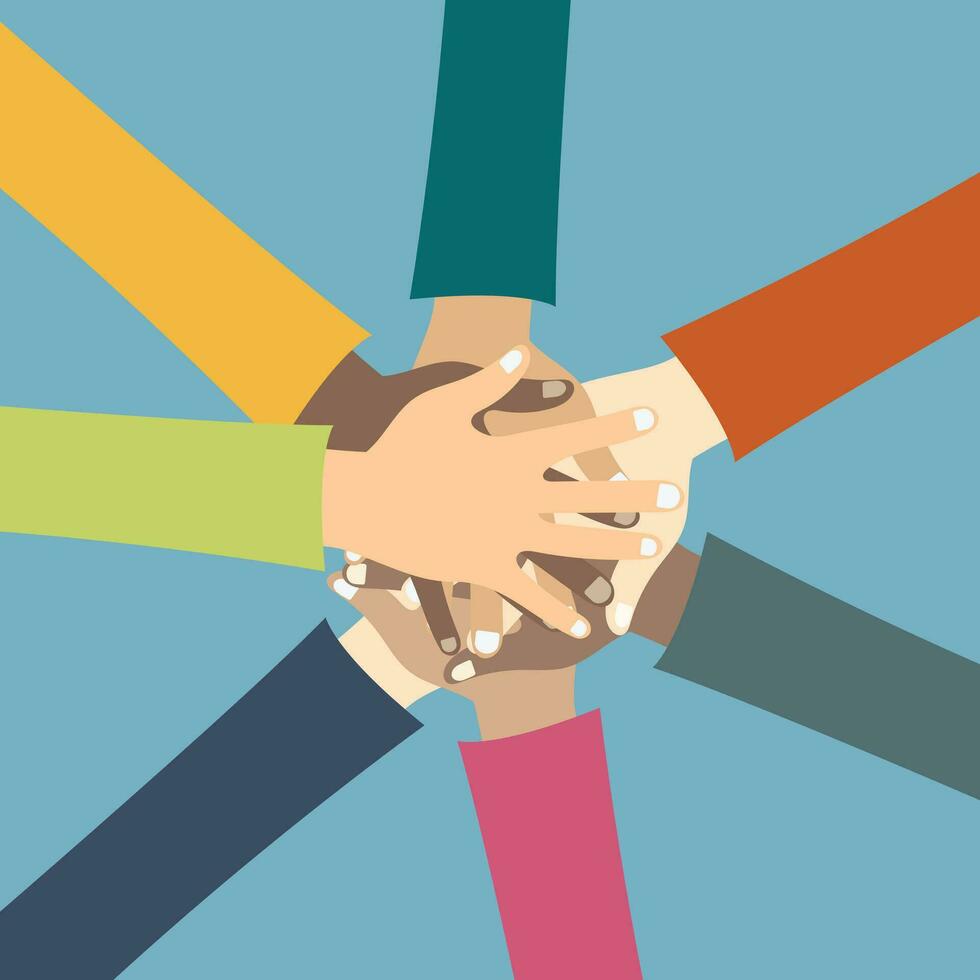 Teamwork concept. Friends with stack of hands showing unity and teamwork, top view. Young people putting their hands together. Flat vector illustration