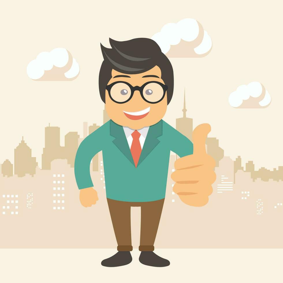 Happy businessman making thumbs up sign. Flat vector illustration