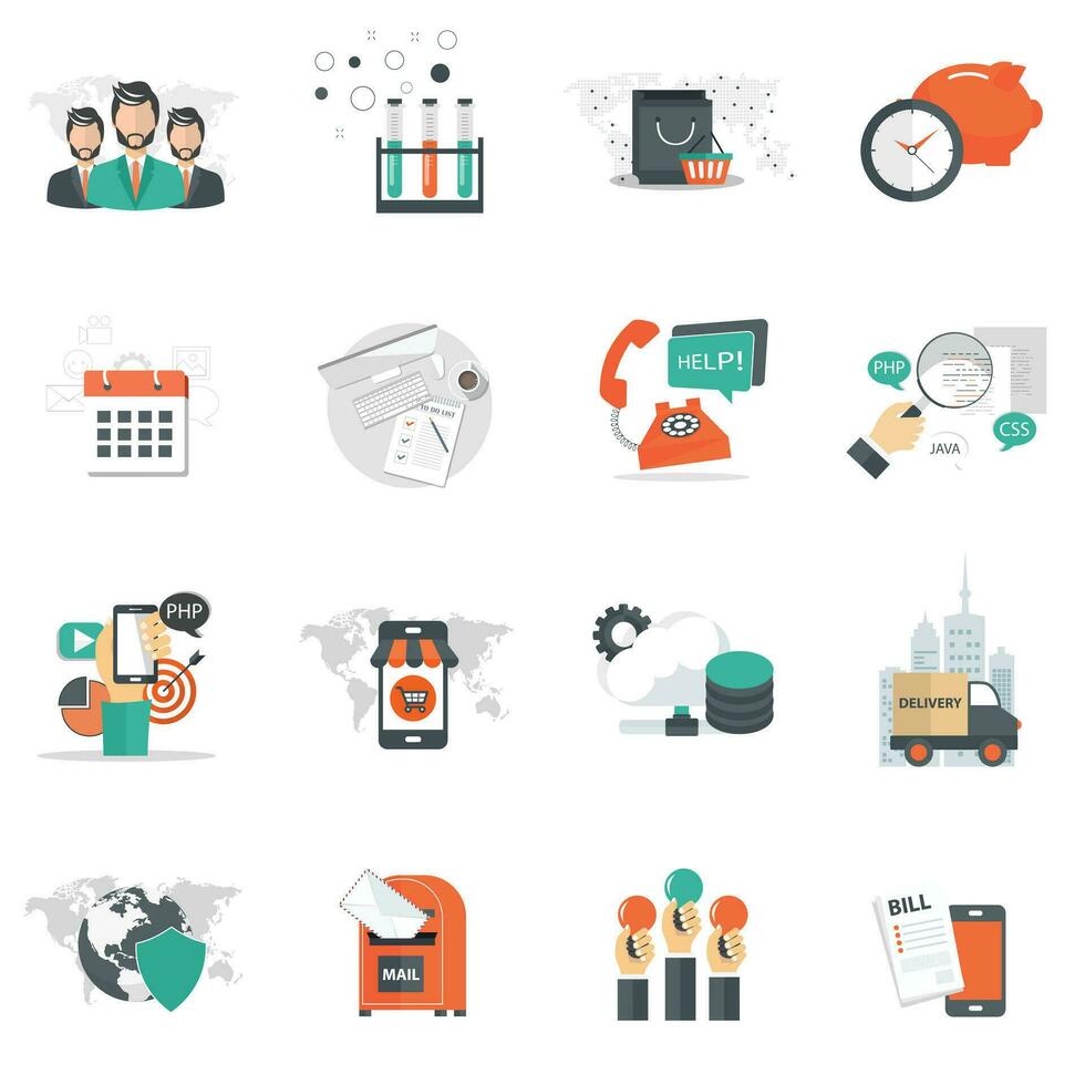 Business, technology and management icon set for websites and mobile applications. Flat vector illustration