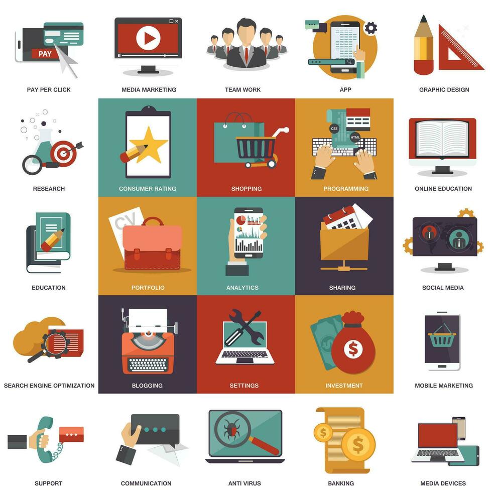 Vector collection of flat and colorful business, marketing, finance, education and technology concepts. Design elements for web and mobile applications