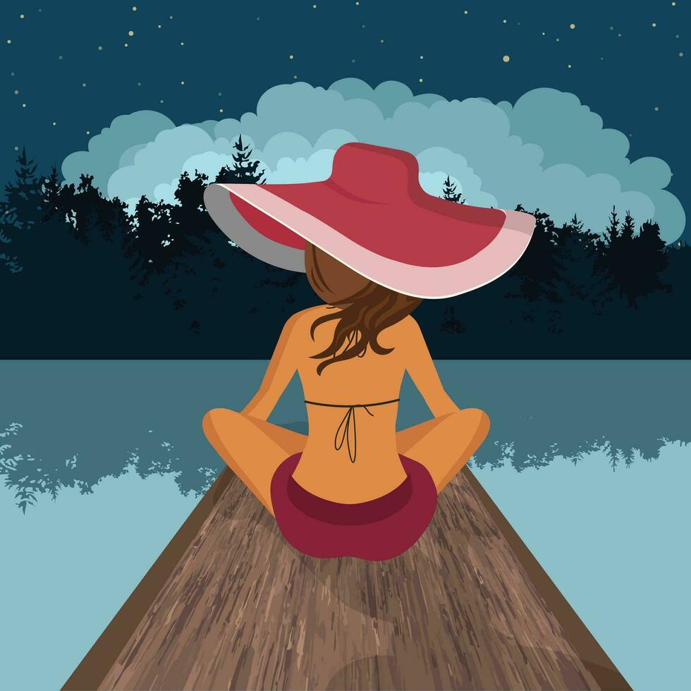 Woman enjoying her vacation on mountain lake. Concept for holidays and travel. Flat vector illustration