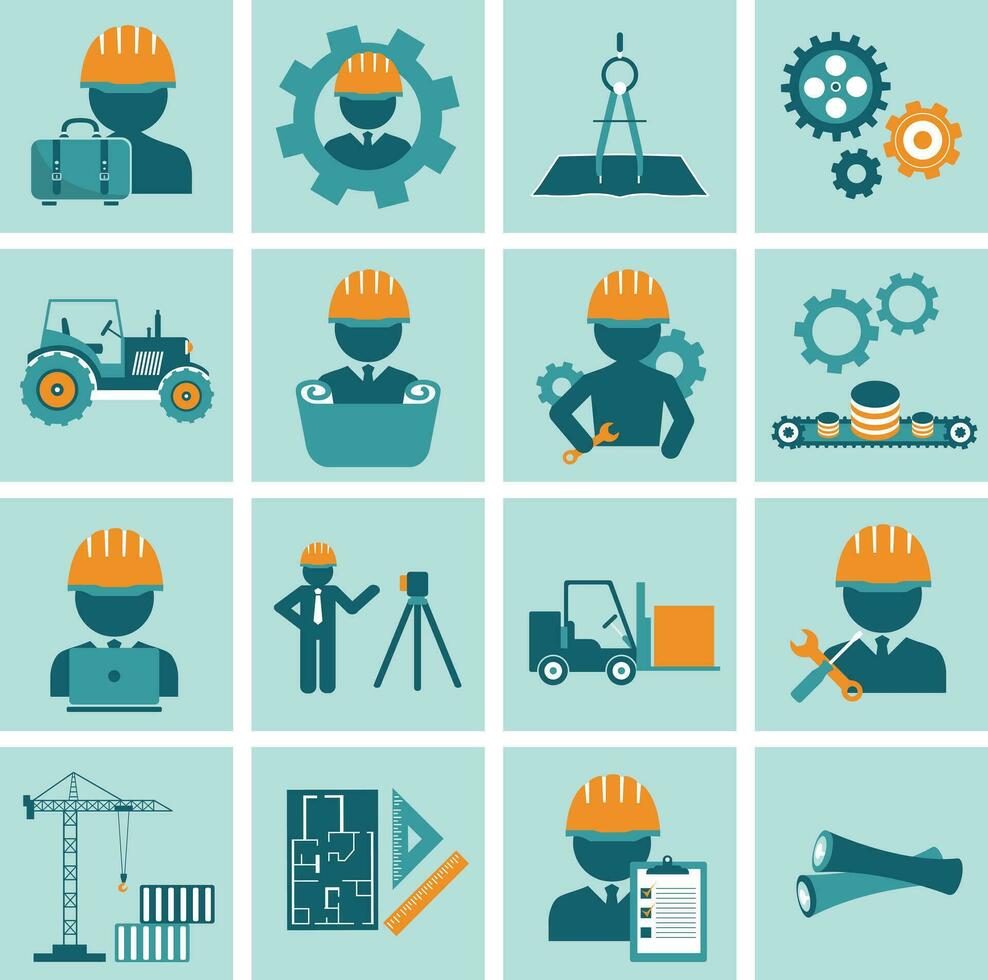 Engineering icon set. Engineer construction equipment machine operator managing and manufacturing icons. Flat vector illustration