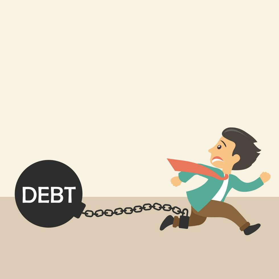 Man chained to his debts metaphor. Flat vector illustration