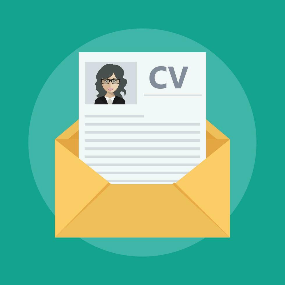 Envelope with a curriculum vitae. Flat vector illustration