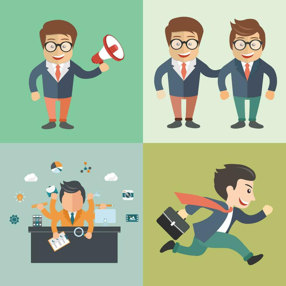 Icon set of businessmen with a tasks. Concept for multitasking, marketing, colleges and office work. vector
