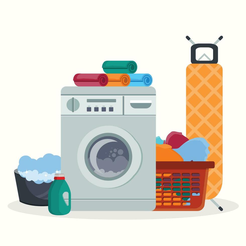 Laundry room service concept. Working washing machine with linen baskets, detergent, ironing board and towels. Cleaning service concept. Flat vector illustration