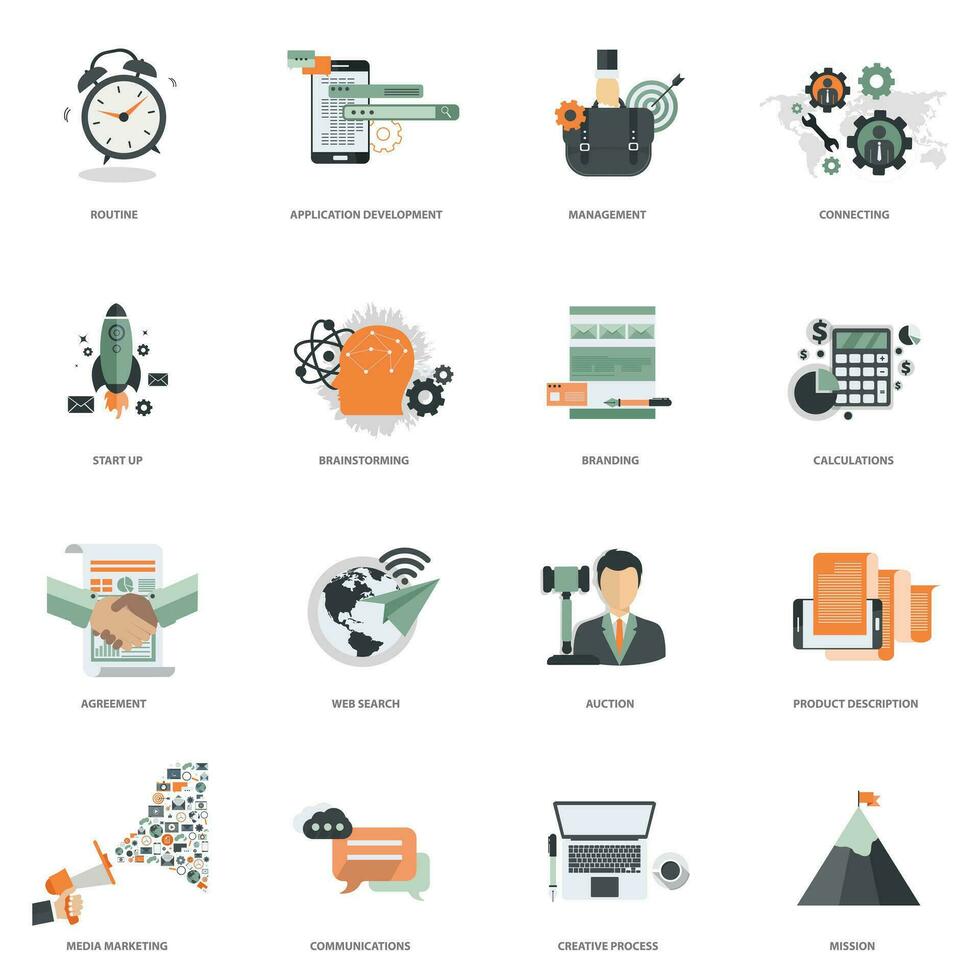 Business and management icon set for website development and mobile phone services and apps. Flat vector illustration.