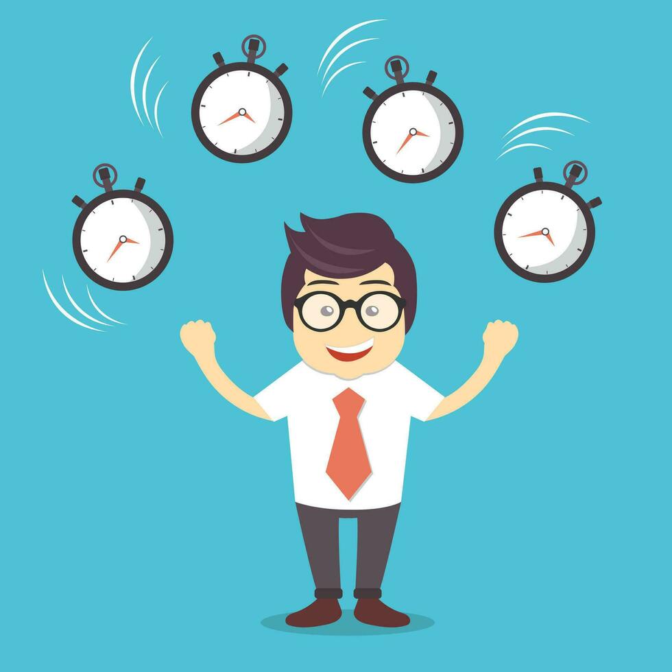 Smiling cartoon businessman juggling with alarm clocks, symbolizing time management. Flat vector illustration