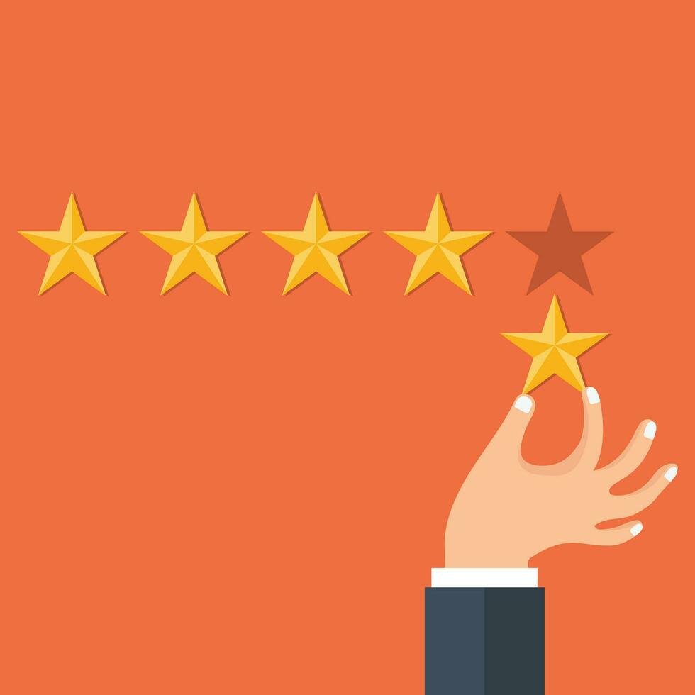 Customer rating, feedback, star rating, quality work. Businessman holding a gold star in hand, to give five. Evaluation system. Positive review. Flat vector illustration