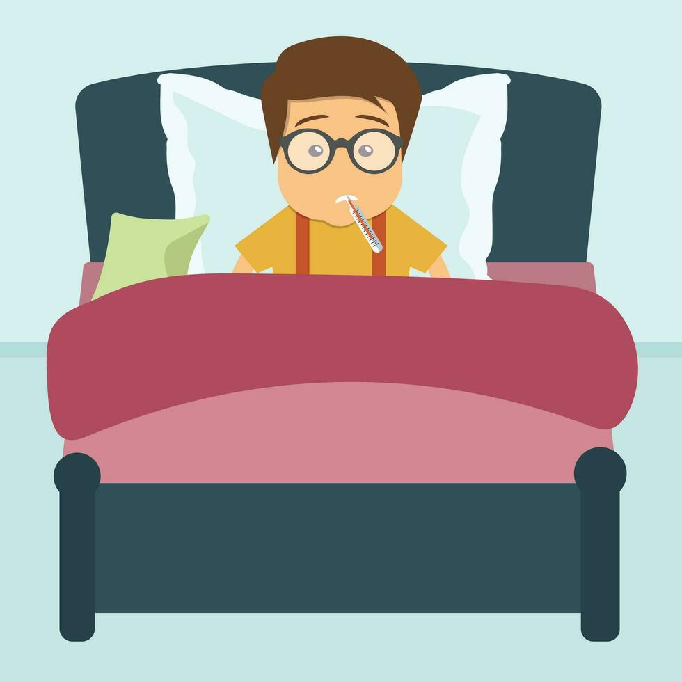 Sick boy lying in bed with thermometer in his mouth. Flat vector illustration