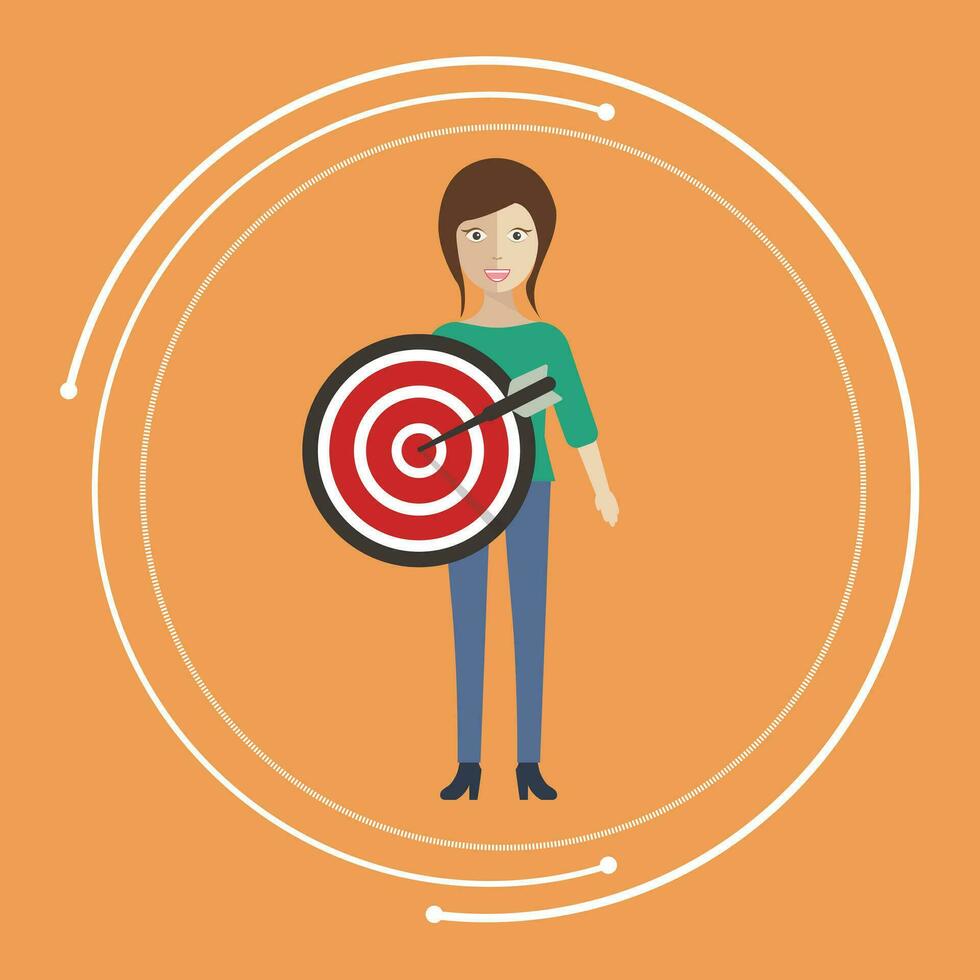 Business woman holding target. Confident motivated female employee show aim achievement. Success at work. Vector illustration.