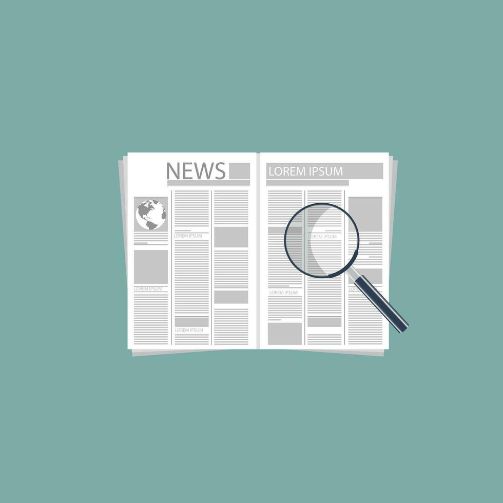 Newspaper and magnifying glass. Flat vector illustration