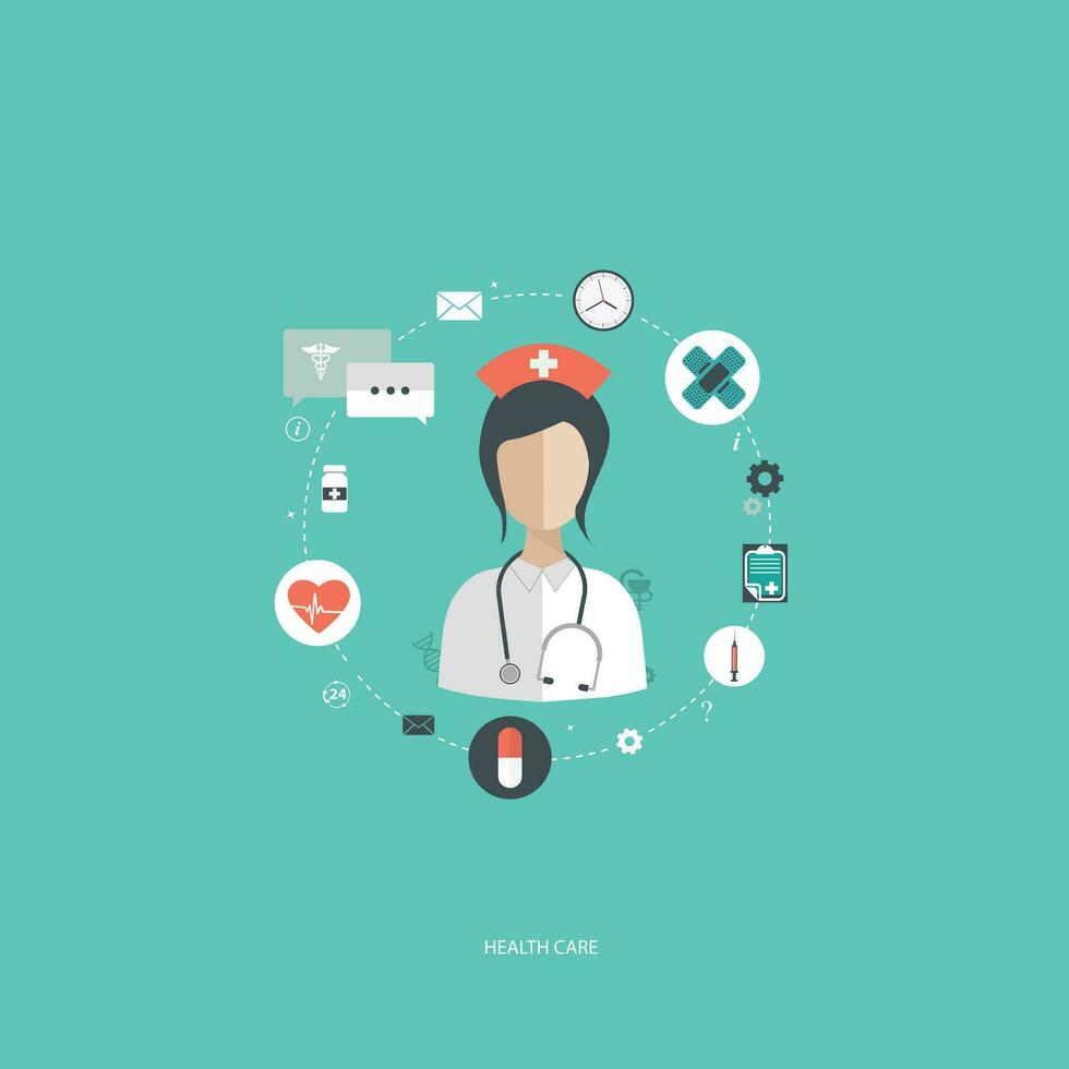 Vector illustration in a modern flat style, health care concept. A doctor in uniform with stethoscope and first aid kit. On line consultation. Flat vector illustration.