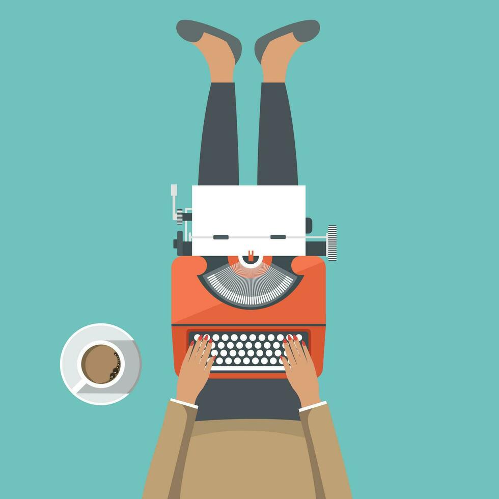 Girl sitting on the floor with typewriter machine in her lap. Flat vector illustration