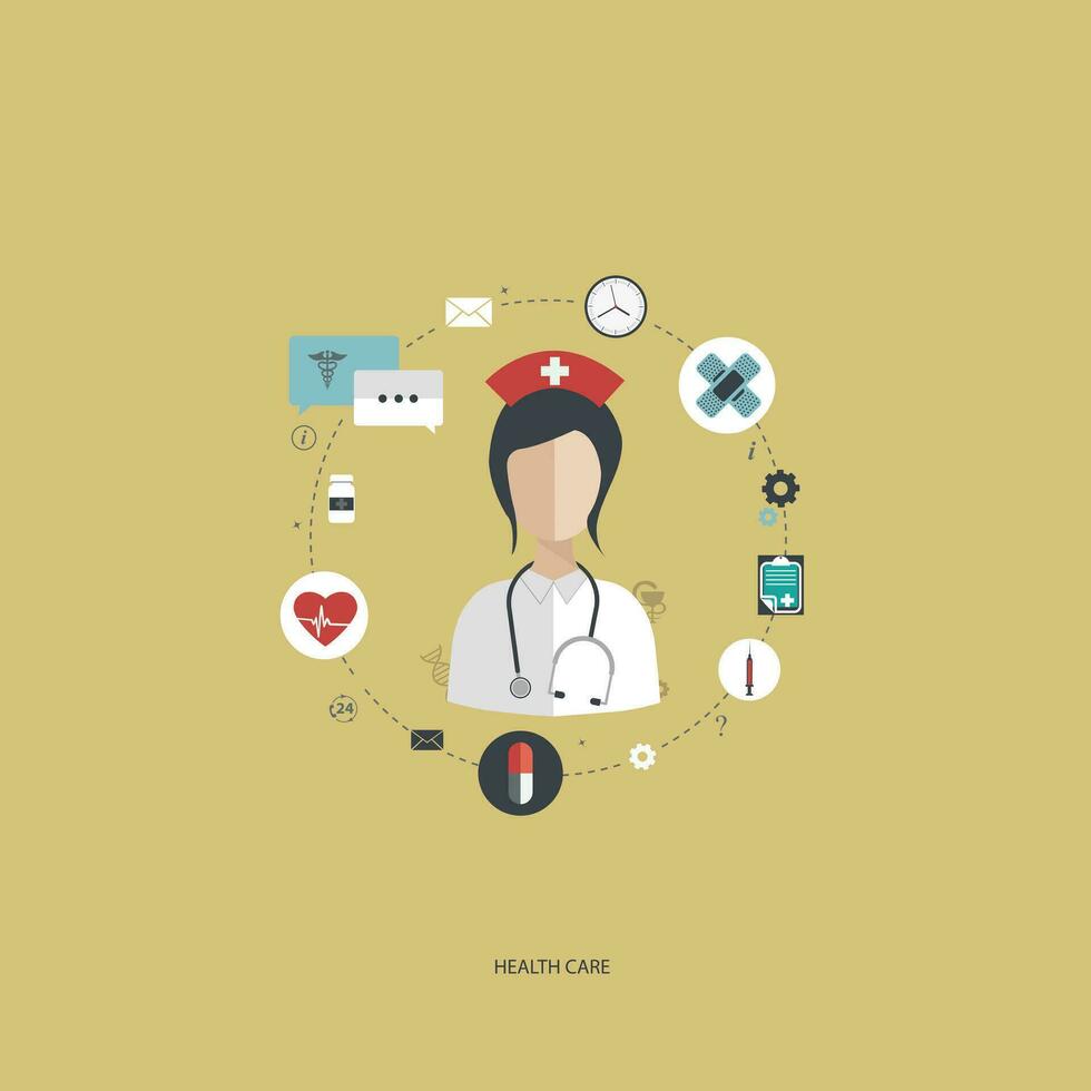 Vector illustration in a modern flat style, health care concept. A doctor in uniform with stethoscope and first aid kit. On line consultation. Flat vector illustration.