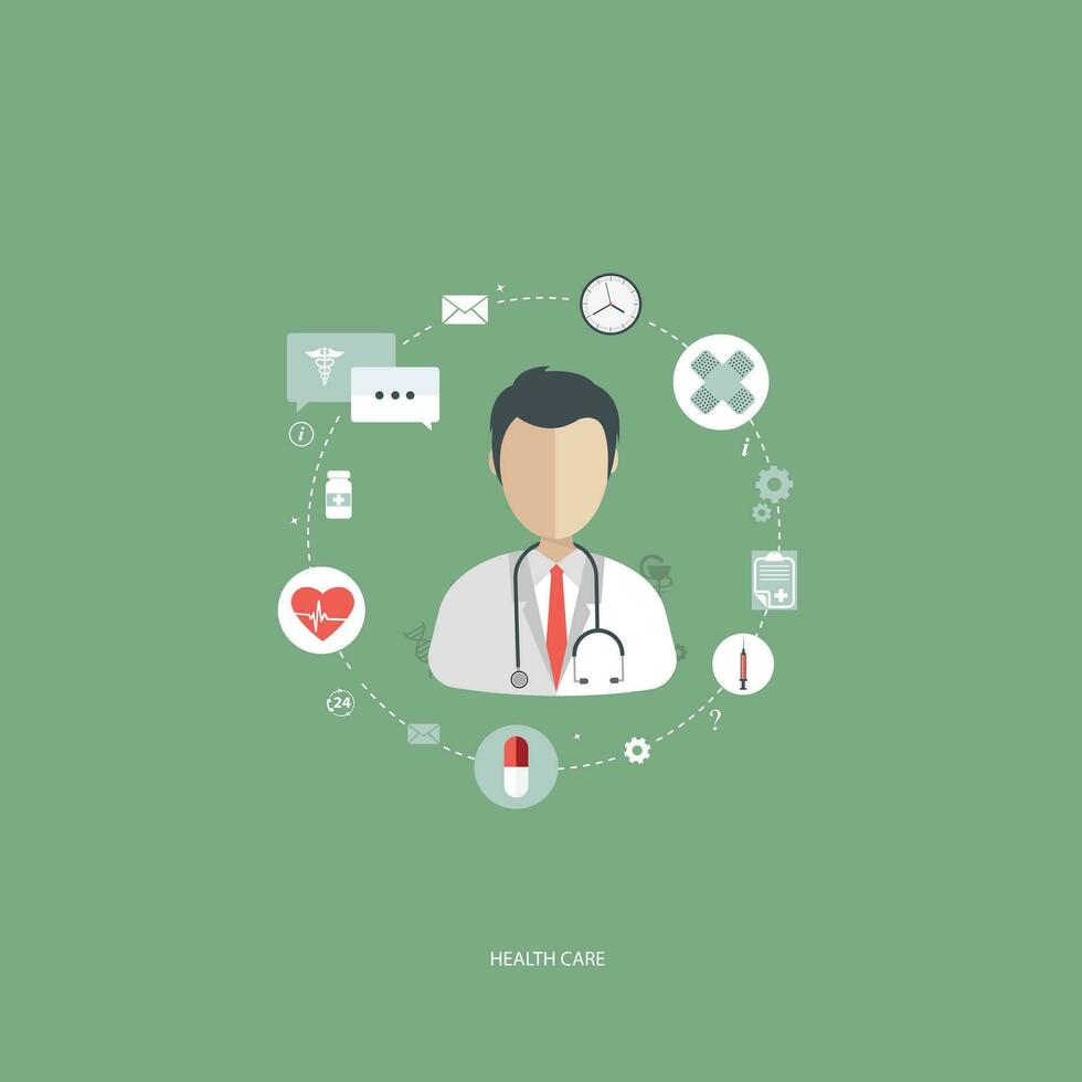 Vector illustration in a modern flat style, health care concept. A doctor in uniform with stethoscope and first aid kit. On line consultation. Flat vector illustration.