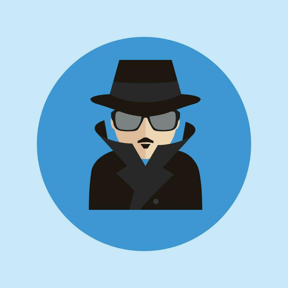 Spy secret agent man character in sunny glasses, hat and raincoat flat style cartoon vector illustration icon