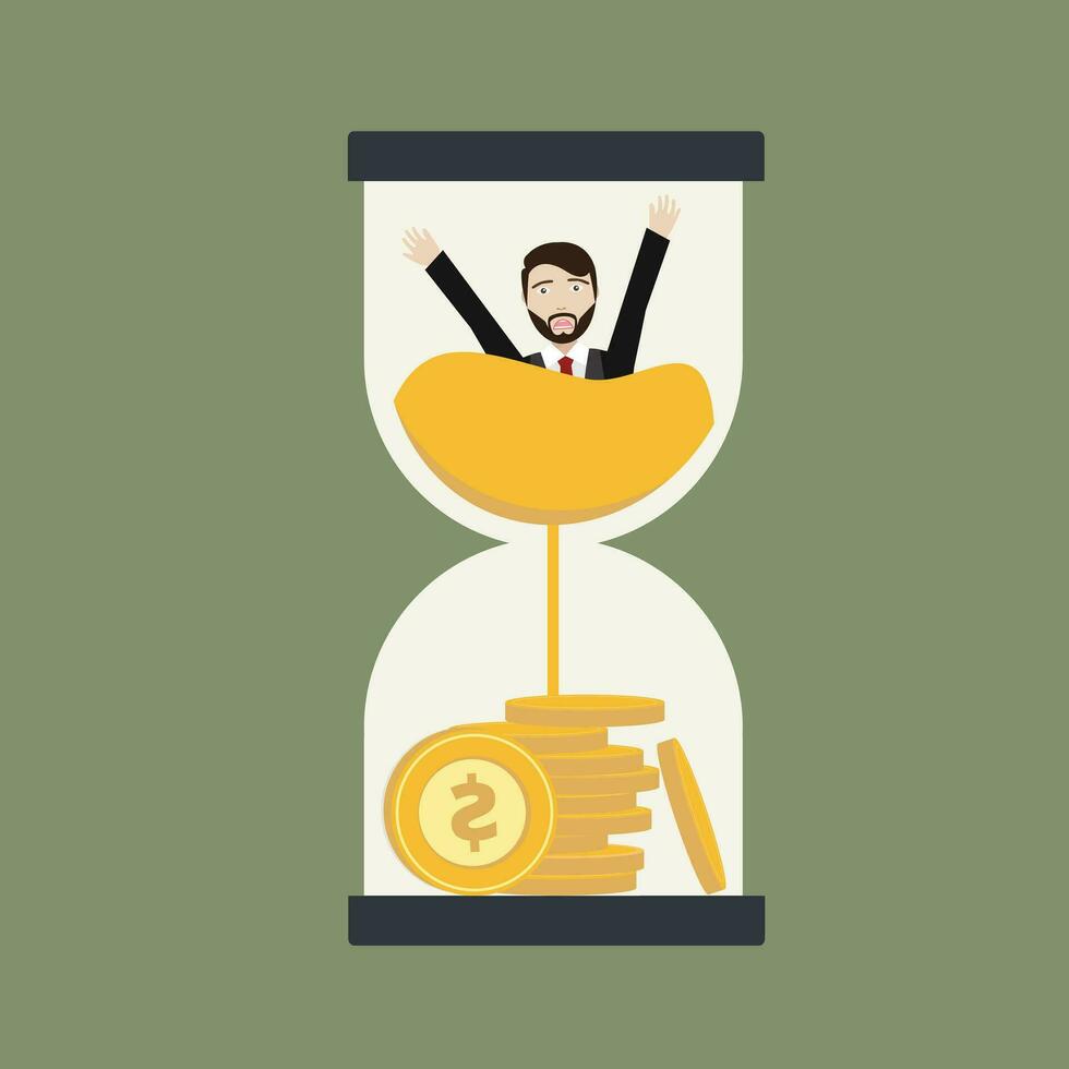 Businessman in sandglass dripping money in flat style. Vector illustration