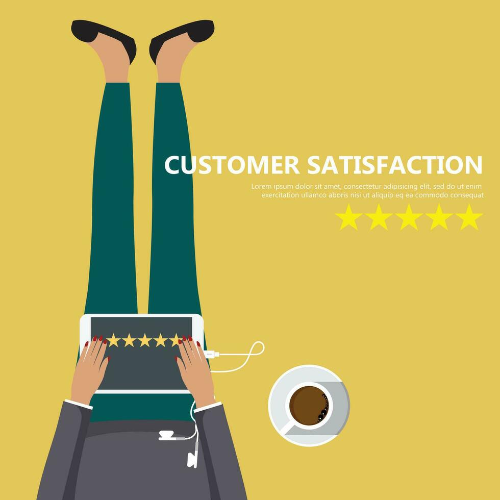 Rating on customer service illustration. Man sitting on the floor and holding tablet in his lap. Website rating feedback and review concept. Flat vector illustration