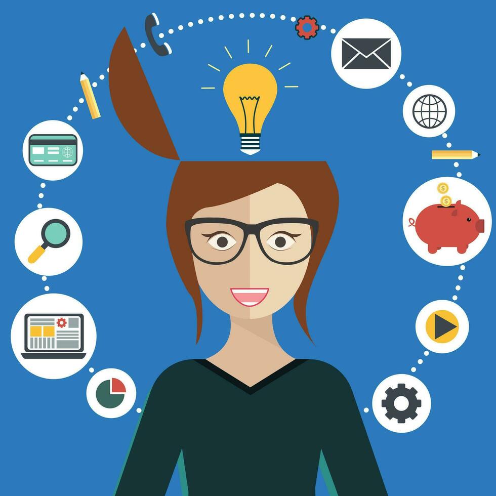 Flat design stylish vector illustration. Woman brainstorming and getting idea with icons of social media marketing, creative business, market promotion development and digital marketing.