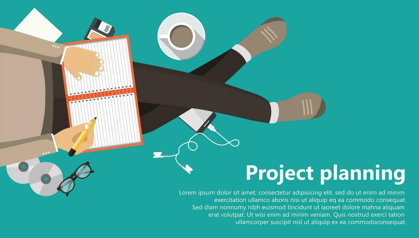 Project planning business banner. Man sitting and holding notebook in his lap. Flat vector illustration