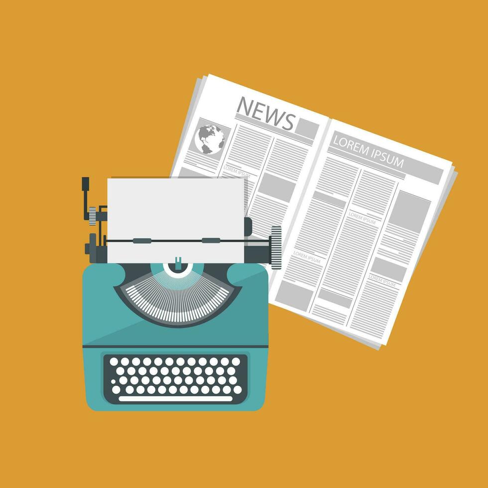 Typewriter and newspaper. Flat vector design