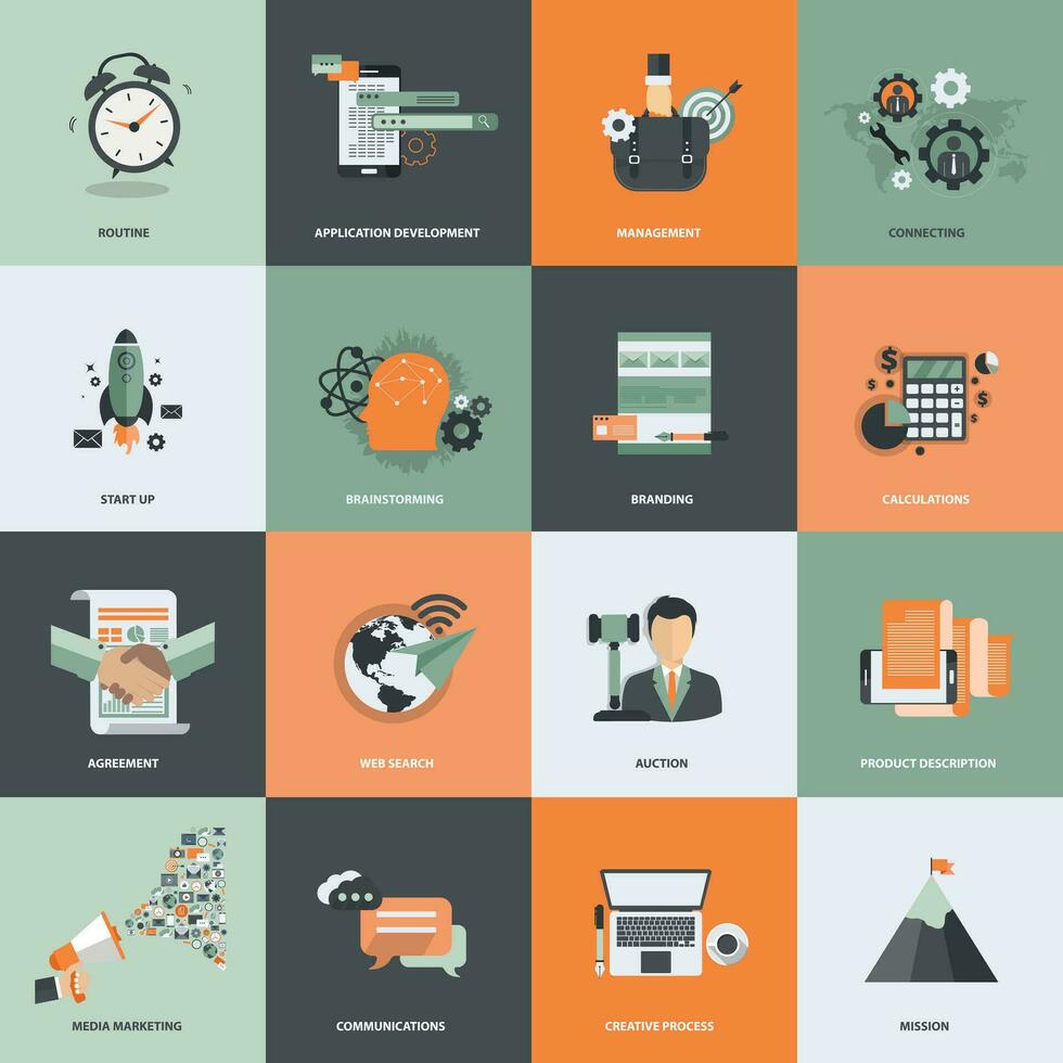 negocio y administración icono conjunto para sitio web desarrollo y móvil teléfono servicios y aplicaciones plano vector ilustración.