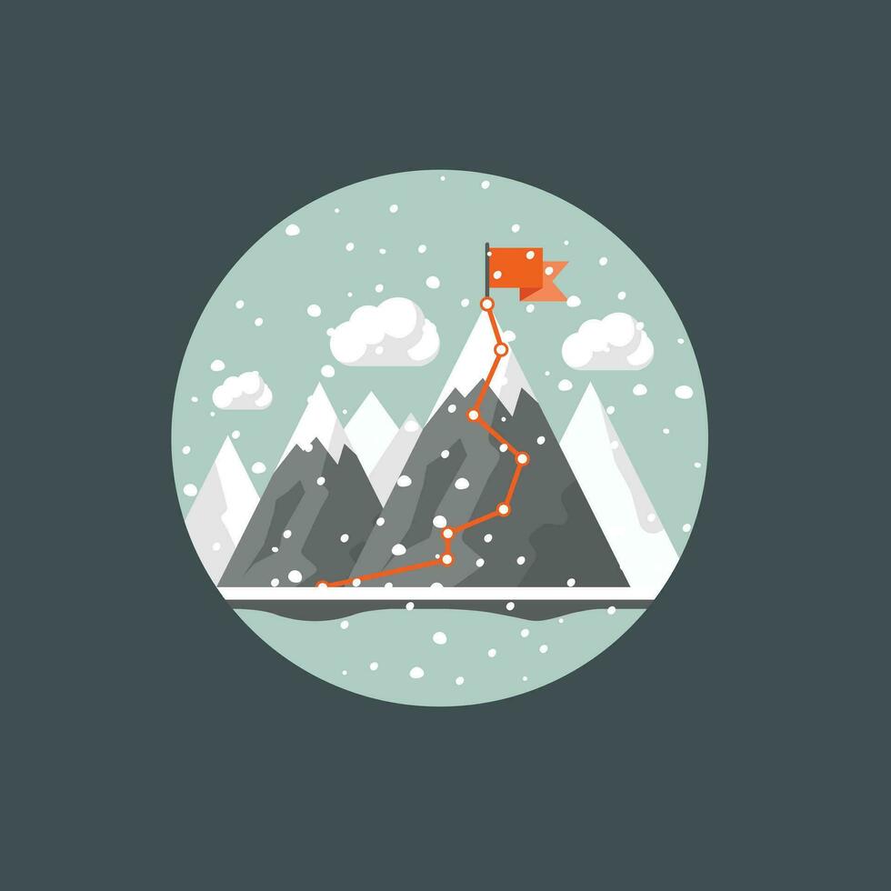 Landscape background. Mountains in winter. Achievement, exploring and discovery concept. Flat vector illustration