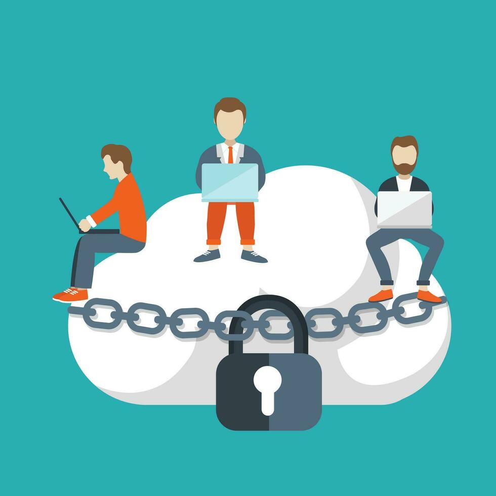Cloud storage concept. Illustration of young people using laptop for downloading app from cloud storage. Flat design of people sitting on the big cloud. vector