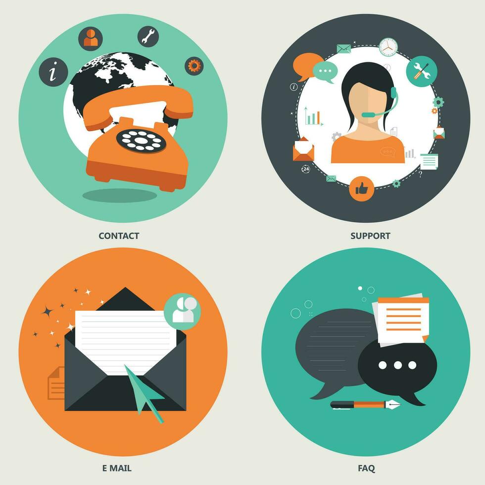 Set of flat vector icons for web and mobile phone services and apps. Icons for frequently asked questions, e mail, contact and support.