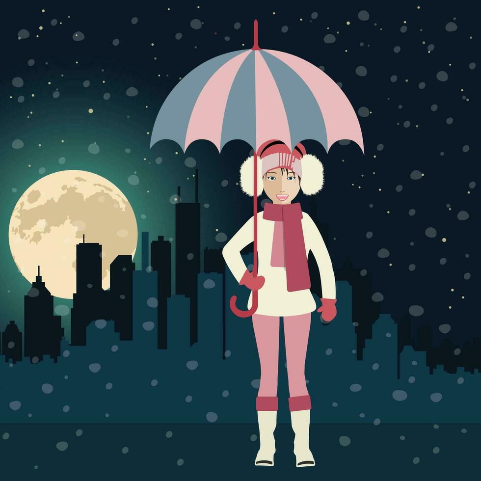 Winter in city. Girl standing in the street and holding umbrella. Flat vector illustration