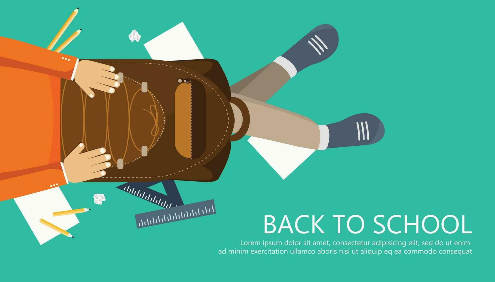Back to school banner. Boy sitting on the floor with backpack in his lap. Flat vector illustration