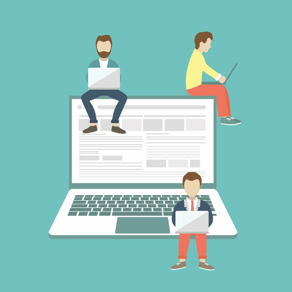 People sitting on big notebook. Social network web site. Surfing concept illustration of young people using lap top to be a part of on line community. Flat vector illustration