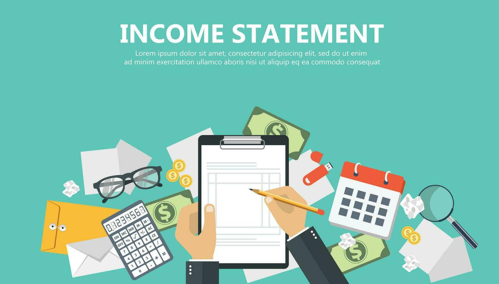 Invoice. Financial calculations. Working process. Businessman hands, calculator, financial reports, money, coins, pen. Top view. Vector illustration in flat design on green background