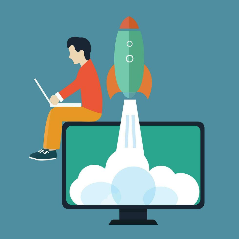 Business start up concept design. Man sitting on computer monitor and holding lap top in his lap. Flat vector illustration