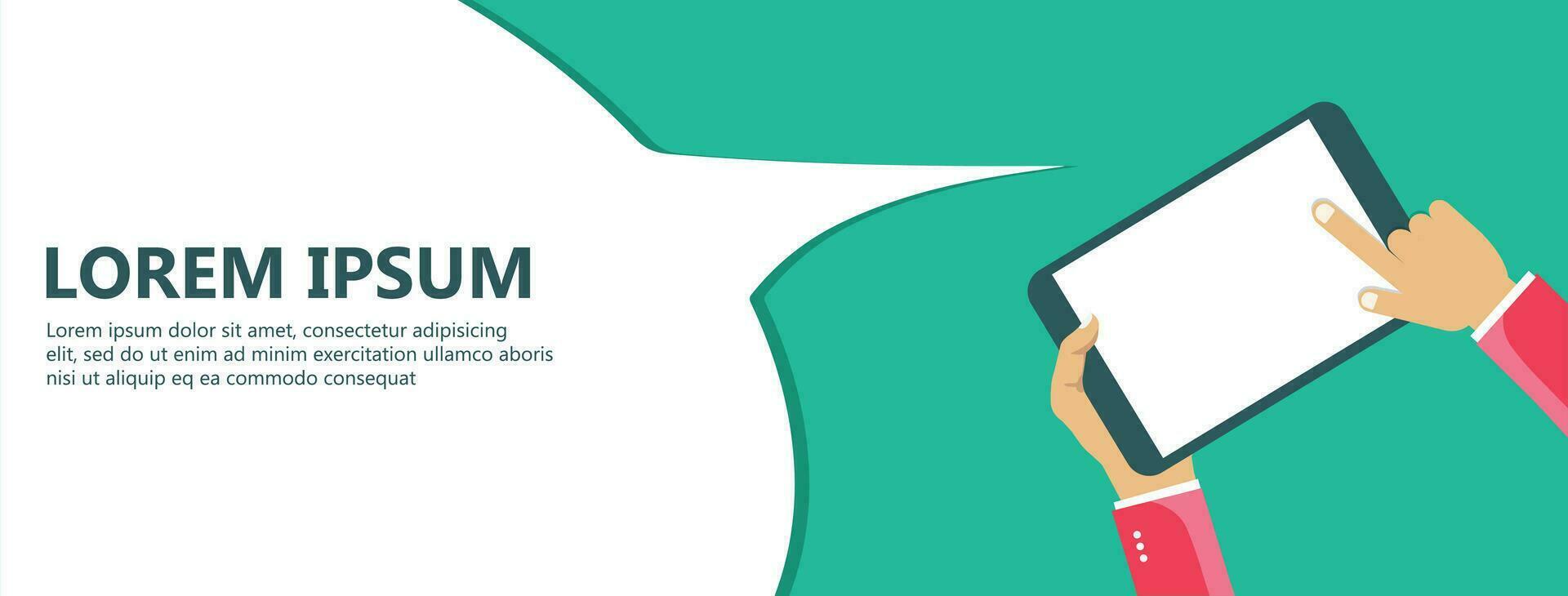Social network and chatting banner. Global communication, e mailing, web calls. Hands holding tablet with huge speech bubble. Flat vector illustration