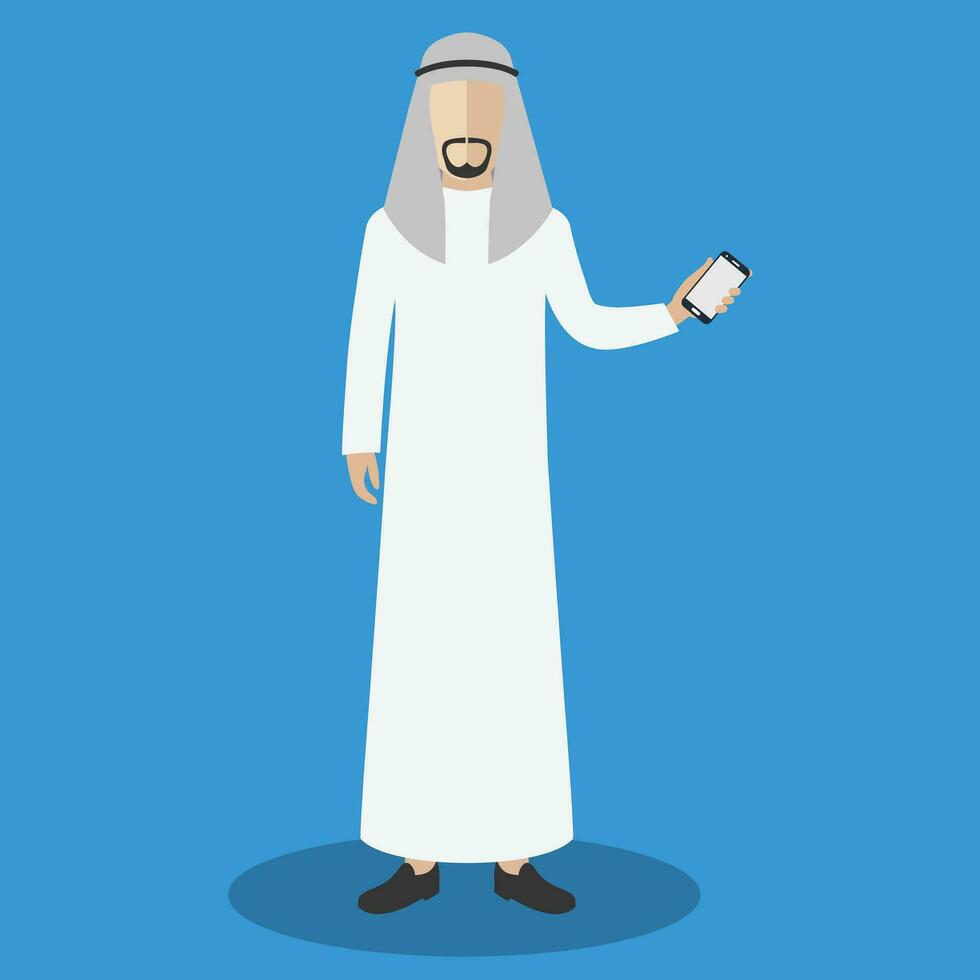 Arab man holding smart phone. Flat vector illustration.