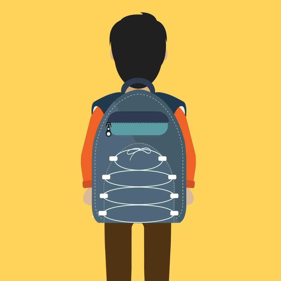 espalda a colegio concepto. chico en pie con bolso paquete en su atrás. plano vector ilustración