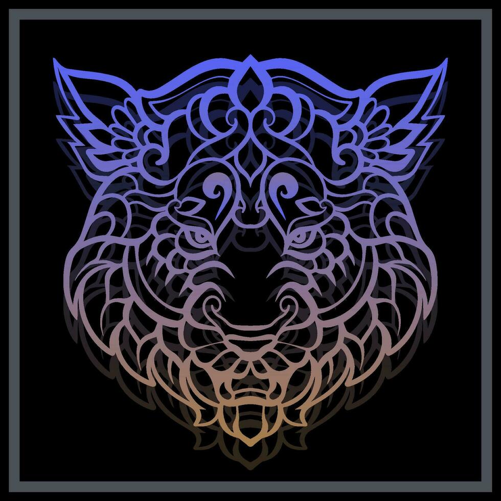 Gradient Colorful Tiger head mandala arts isolated on black background. vector