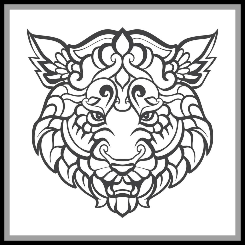 vistoso blanco Tigre cabeza mandala letras aislado en negro antecedentes. vector